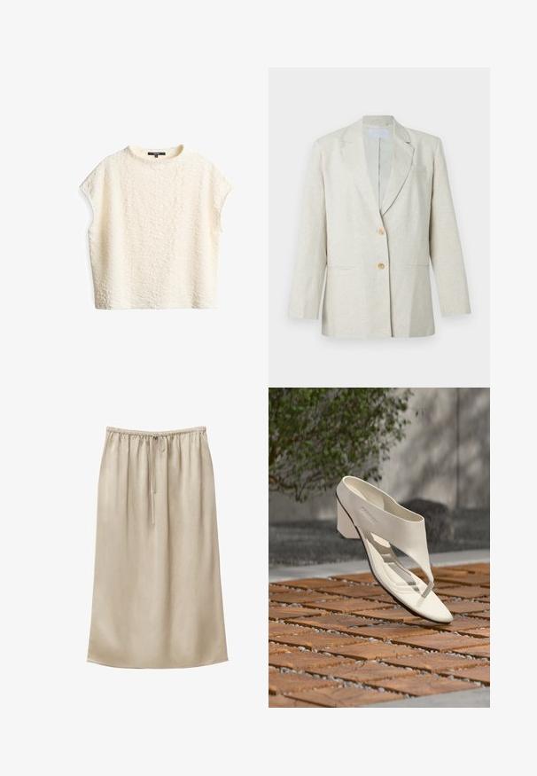 Lichtbeige blazer van gestructureerde stof, voorzien van een enkele knoopsluiting, revers met inkeping en twee voorzakken. Getailleerd model.; Korte mouwen ivoorkleurig top met een gestructureerd, gekreukt patroon; heeft een ronde halslijn en een relaxte pasvorm, vervaardigd uit een zachte stof.; Beige midi rok met elastische taille en verstelbare trekkoorden, gladde stof, rechte snit, casual design.; Witte leren sandalen met hak, brede band en teenstuk, buiten tentoongesteld op een houten en kiezel betegeld oppervlak met groen op de achtergrond.