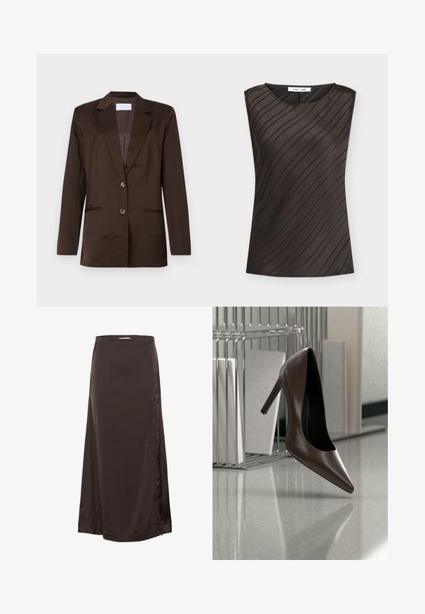 Brun blazer lavet af glat stof. Har en revers med hak, enkelt knaplukning, to forlommer og en brystlomme detalje.; Ærmeløs mørkebrun top med diagonale sorte striber, rund halsudskæring og mærkeetiket inde i kraven.; Lang, mørkebrun satin skørt med en tætsiddende talje og subtil splittelse i siden, glat tekstur og let shine.; Mørkebrunt læderhæl med høj hæl, der svæver over en reflekterende gulvplade nær en metalhylde med hvide paneler i et rum.