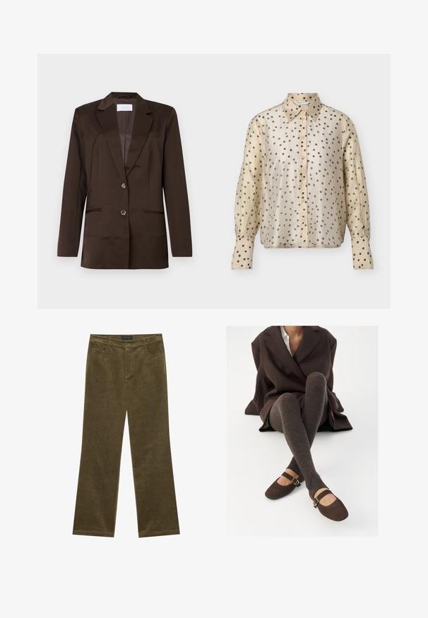 Brun blazer lavet af glat stof. Har en revers med hak, enkelt knaplukning, to forlommer og en brystlomme detalje.; Beige langærmet skjorte med knaplukning, sorte polkaprikker, spidst krave og knappede manchetter.; Olivengrønne fløjl bukser med flared ben, fem lommer, synlig syning og knaplukning i taljen for en sikker pasform.; Brune ribbede knæhøje sokker parret med brune ruskinds Mary Jane sko med en dekorativ rem og spænde, båret med en mørk frakke.