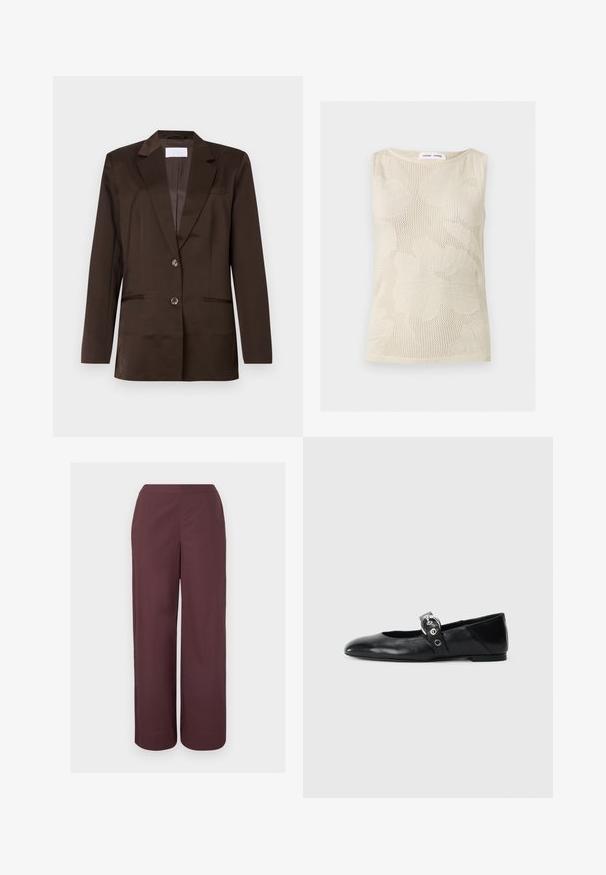 Blazer marron en tissu lisse. Comprend un col cranté, une fermeture à un bouton, deux poches avant et un détail de poche poitrine.; Haut sans manches beige en maille avec motif floral texturé et col rond, étiqueté Samsøe Samsøe au niveau du col.; Pantalon marron taille haute à jambes larges avec un devant lisse et des poches latérales, présenté sur un fond clair uni.; Ballerines en cuir noir avec un bout pointu, dotées d'une sangle avec une boucle métallique circulaire et d'une semelle plate.
