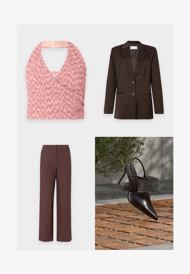 Brun blazer lavet af glat stof. Har en revers med hak, enkelt knaplukning, to forlommer og en brystlomme detalje.; Lys pink halterneck top lavet af tekstureret strikket stof med et omslag design, der har en blød beige kant bagpå for en sikker pasform.; Brune bredbensbukser lavet af tekstureret stof med en glat finish, med flad front, bæltesløjfer og sidelommer.; Blank højhælet mule med spids tå og ankelrem, svævende over en terracottaflisebelagt overflade med grusfyldte mellemrum.