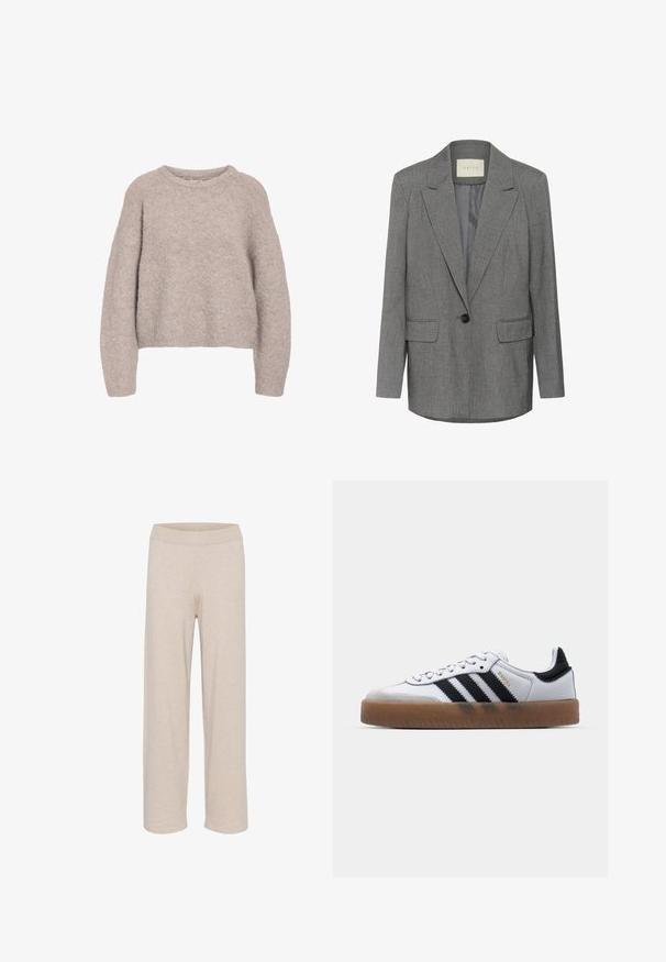 Grå nålestribet blazer med hakket revers, enkel sort knaplukning og to frontlommer. Indersiden er foret med glat stof.; Lys beige strikket sweater med en afslappet silhuet, rund halsudskæring og lange ærmer. Tekstureret, blødt materiale med et hyggeligt udseende.; Beige vide benbukser fremstillet af et blødt, tekstureret stof og med en elastisk talje, designet til komfort og bevægelsesfrihed.; Hvide lædersneakers med sorte striber, gummirubber sål, rund tå, snørelukning og blød grå ruskinds tåhætte.