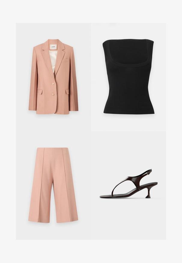 Roze blazer, op maat gemaakt ontwerp, enkelbreasted met twee knopen, klepzakken, notch revers, gladde voering in crème satijn.; Zwart mouwloos aansluitend topje met een brede, vierkante halslijn en een gladde stof, weergegeven op een eenvoudige lichte achtergrond.; AERON PEN - Shorts - mottled pink; Donkerbruine lakleren slingbacksandaal met kittenheel en teenbandje op witte achtergrond.