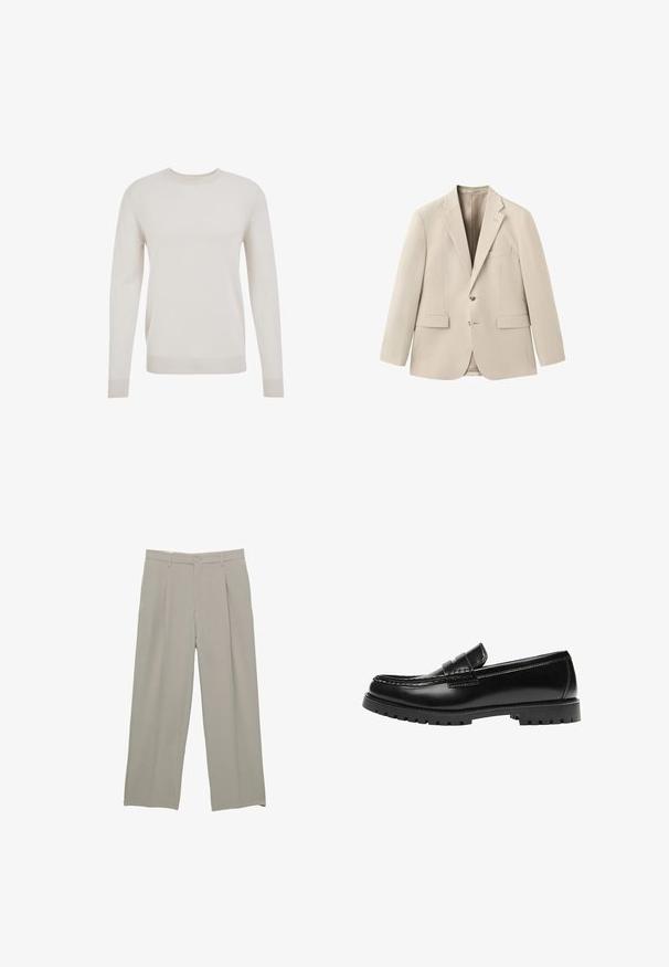 Blazer beige pour homme sur mesure avec revers crantés, deux poches avant à rabat, poche poitrine passepoilée et fermeture à deux boutons.; Sweater en maille crème, col rond, manches longues, avec poignets et ourlet côtelés. Texture douce, design simple et matériau léger.; Pantalons larges gris clair avec une texture lisse, dotés de plis à l'avant, d'une fermeture à bouton et de poches latérales.; Mocassin en cuir noir avec une semelle en caoutchouc épaisse et un détail classique de bride à monnaie, vu de côté extérieur.