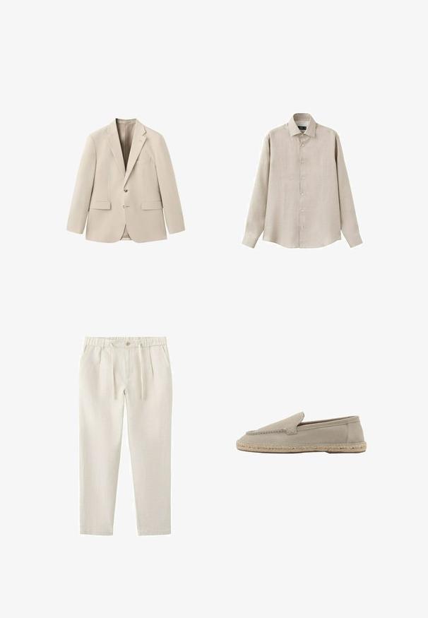 Blazer beige pour homme sur mesure avec revers crantés, deux poches avant à rabat, poche poitrine passepoilée et fermeture à deux boutons.; Chemise beige à manches longues avec col pointu, boutons visibles sur le devant et poignets boutonnés, sur fond blanc.; Pantalon décontracté beige avec taille élastique, bouton, cordon de serrage, deux poches latérales et jambes fuselées.; Mocassin beige en daim à enfiler avec semelle en jute tressée, détails cousus le long des bordures supérieures, talon plat et bout rond.