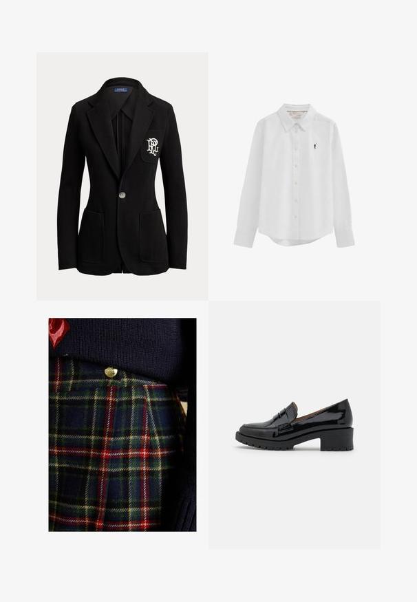 Sort enkeltknaps blazer med hakkede revers, tre forlommer og hvidt broderet logo på brystlommen.; Hvid langærmet skjorte med knapper, krave og lille sort broderet polo-spillerlogo på venstre bryst.; Marineblå strikketrøje oven på et ternet nederdel med grønne, røde og gule nuancer, med guldknapdetaljer og tekstureret uldstof.; Sorte patenterede lædersko med en lav, chunky hæl, der har en frontrem detail og en tekstureret gummisål for godt greb.