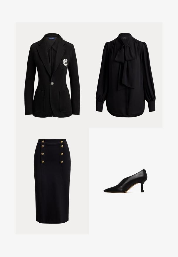 Zwarte blazer met één knoop, met gespleten revers, drie voorzakken en een wit geborduurd logo op het borstvak.; Zwarte blouse met lange mouwen, geplooide schouders, grote strik aan de voorkant, knoopmanchetten en een afgeronde zoom.; Zwarte kokerrok met hoge taille en verticale gouden knopen gerangschikt in twee rijen vlak bij de voorkant van de tailleband.; Zwarte leren hoge hak schoen met een spitse neus en een slanke, gebogen hak. Kenmerkt zich door een gladde textuur en een minimalistisch ontwerp.