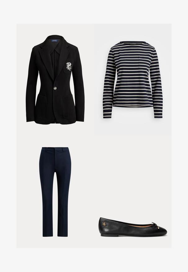 Schwarzer Ein-Knopf-Blazer mit abgestepptem Revers, drei vorderen Taschen und weiß besticktem Logo auf der Brusttasche.; Navyblaue Langarmhemd mit weißen horizontalen Streifen, einem Rundhals und einer kleinen Brusttasche. Verfügt über Knopfakzente an der Schulter.; Dunkel marineblaue, maßgeschneiderte, gerade Hose mit Gürtelschlaufen und Reißverschluss vorne vor weißem Hintergrund.; Schwarzer Leder-Ballerina mit kleinem Schleifchen und goldfarbenem Logo-Detail an der Ferse, flache Sohle und abgerundete Spitze.