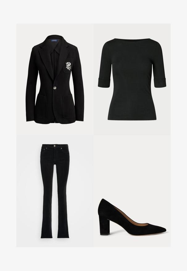 Sort enkeltknaps blazer med hakkede revers, tre forlommer og hvidt broderet logo på brystlommen.; Sort tætsiddende skjorte med albuelange ærmer og en bred, rund halsudskæring på en ensfarvet baggrund.; Sort flared jeans med en glat stofstruktur, mellemhøj talje, fem-lomme design og metalknaplukning foran.; Damskoledressko i sort ruskind med lav blokhæl, spids tå og beige indvendig for på hvid baggrund.