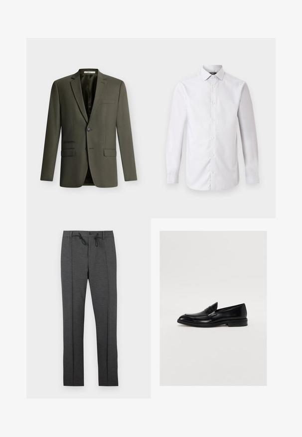 Blazer homme vert foncé à simple boutonnage avec revers crantés, deux poches avant à rabat et une poche poitrine passepoilée, présenté sur fond blanc.; Chemise blanche à manches longues avec fines rayures verticales, fermeture boutonnée sur le devant, col classique et poignets boutonnés.; Pantalon gris foncé à jambes droites avec plis à l'avant, fermeture par bouton, et cordons de serrage noirs à la taille sur fond blanc.; Mocassin en cuir noir avec une pointe arrondie, des coutures discrètes et une finition lisse. Doté d'un talon bas empilé et d'une sangle sur le cou-de-pied.