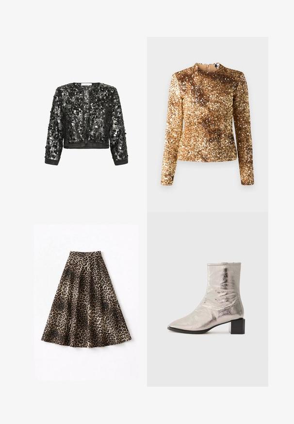 Veste noire cropped à manches longues, recouverte de sequins et de perles noires, avec un col rond et une ouverture devant.; Haut à manches longues en sequins dorés avec col montant et silhouette ajustée. Texture lisse, motif scintillant uniforme, fermeture éclair dissimulée au dos.; Jupe midi à motif léopard en tissu doux, avec une silhouette fluide, une ceinture noire et un motif varié marron et noir.; Bottine argent métallique avec un bout pointu et un talon bloc. Texture lisse, design épuré et détails de couture minimalistes.