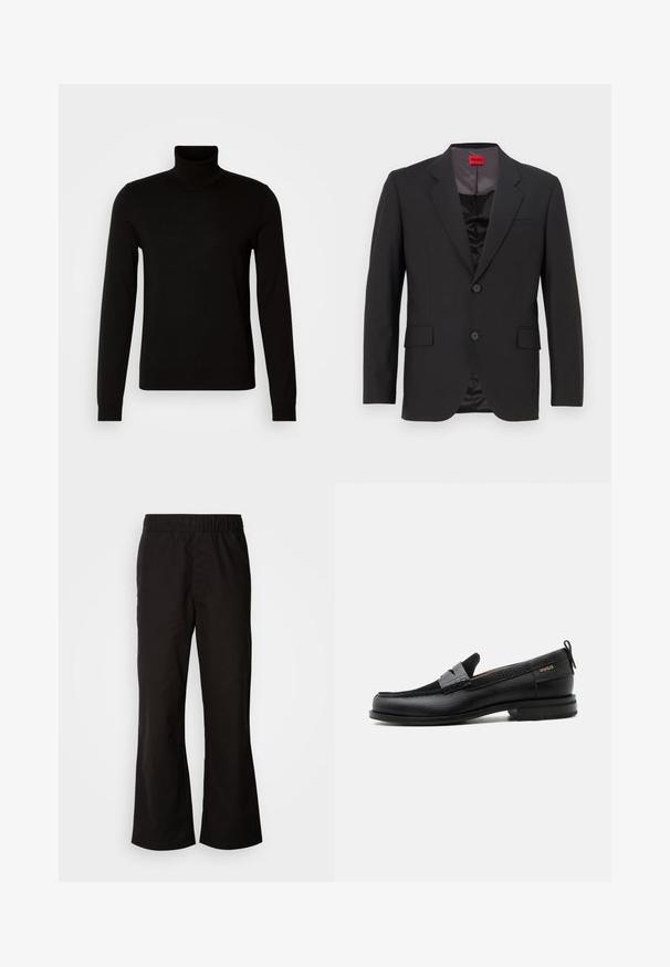 Sort jakkesætjakke med klapkrave, to knapper og to forlommer. Inderlåget er mørkt med en glat tekstur. HUGO-logoet er synligt indeni.; Sort turtleneck sweater lavet af et fint strikket stof, der har lange ærmer og en tætsiddende silhuet. Glat tekstur med ribbede manchetter.; Sorte bukser med elastisk talje og n tapered form, lavet af glat bomuldsstof. Har et enkelt design og lige benåbninger.; Sort læderloafer med grå remdetalje, lav hæl og tekstureret sål, mærket med "HUGO" i guld på siden.