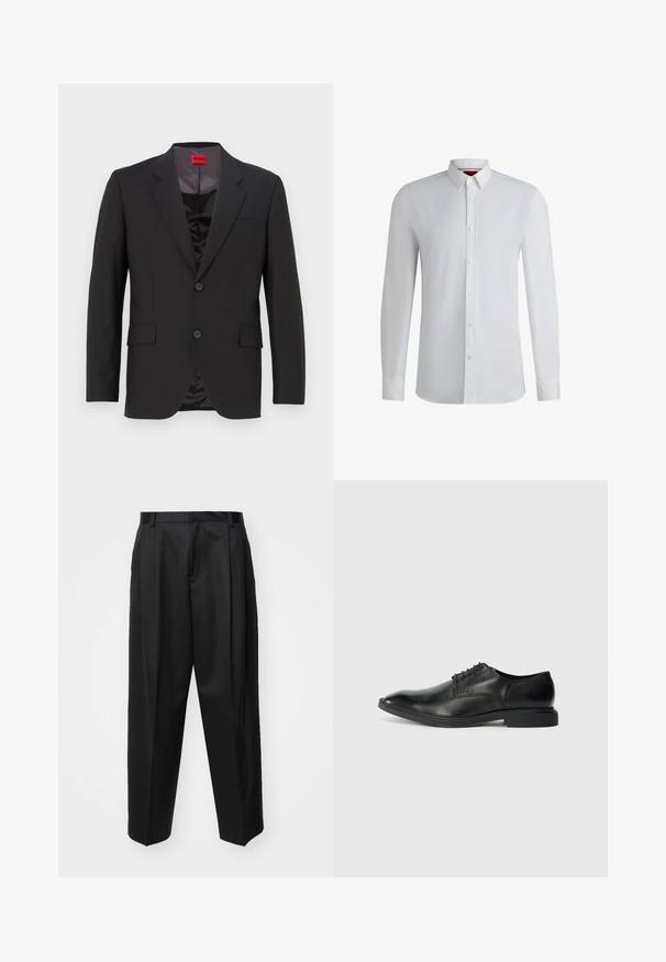 Chaqueta de traje negra con solapas con muesca, dos botones y dos bolsillos frontales. El forro interior es oscuro y tiene una textura suave. Logo de HUGO visible en el interior.; Camisa blanca de manga larga con cuello abotonado, que presenta una textura suave, corte recto y un detalle sutil a lo largo del pliegue frontal.; Pantalones negros ajustados con cintura alta, perneras anchas y pliegues marcados. Fabricados en un tejido suave con trabillas para el cinturón y sin hardware visible.; Zapato de vestir negro de cuero con una textura suave, punta afilada, diseño de cordones con seis ojales y un tacón rectangular bajo. Detalle de marca sutil en el lateral.