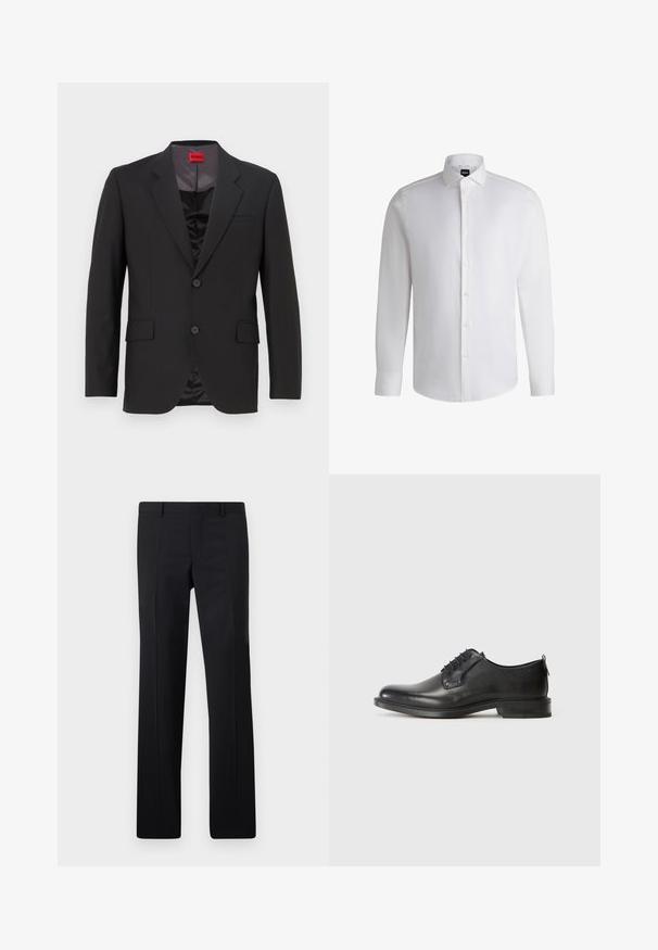 Chaqueta de traje negra con solapas con muesca, dos botones y dos bolsillos frontales. El forro interior es oscuro y tiene una textura suave. Logo de HUGO visible en el interior.; Camisa blanca de manga larga hecha de algodón suave, con un cuello clásico, botonera completa y puños abotonados. Diseño minimalista.; Pantalones negros ajustados con un diseño de pierna recta, pliegues marcados y un acabado suave. Fabricados en tejido ligero con una cintura limpia.; Zapato de vestir para hombre de cuero negro con cordones, tacón bajo y acabado suave, mostrado en perfil lateral sobre un fondo claro y liso.
