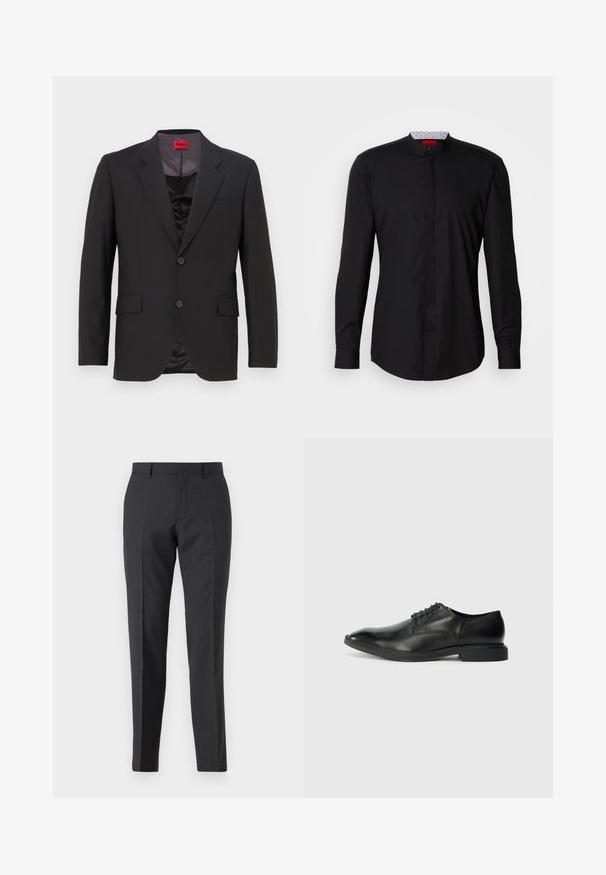 Chaqueta de traje negra con solapas con muesca, dos botones y dos bolsillos frontales. El forro interior es oscuro y tiene una textura suave. Logo de HUGO visible en el interior.; Camisa negra de manga larga con cuello mandarín, confeccionada en una tela suave, con cierre de botones en la parte delantera y detalles de diseño sutiles.; Pantalones de traje gris oscuro con un corte recto, que cuentan con bolsillos laterales y una textura sutil. Los cierres incluyen una cremallera y presillas para cinturón.; Zapato de vestir negro de cuero con una textura suave, punta afilada, diseño de cordones con seis ojales y un tacón rectangular bajo. Detalle de marca sutil en el lateral.