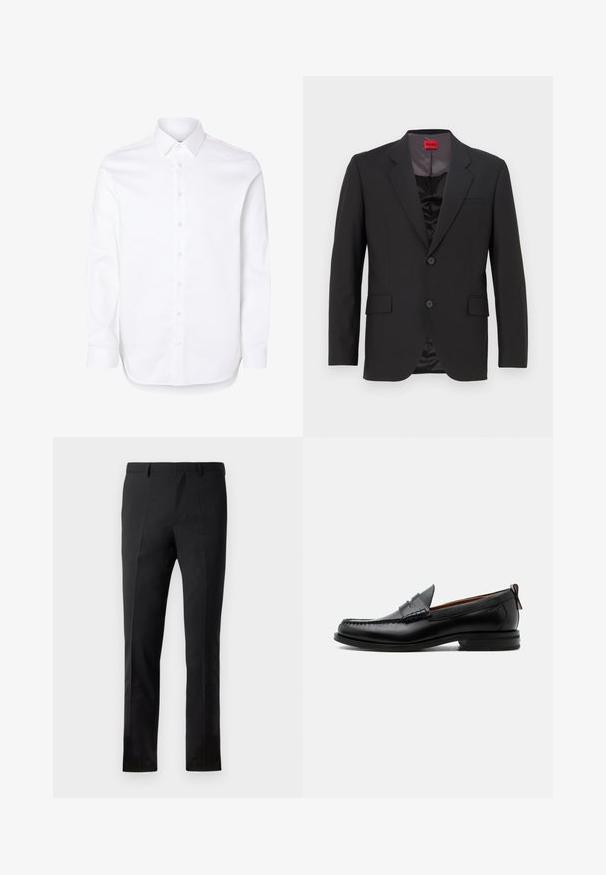 Chaqueta de traje negra con solapas con muesca, dos botones y dos bolsillos frontales. El forro interior es oscuro y tiene una textura suave. Logo de HUGO visible en el interior.; Camisa blanca de manga larga con cuello clásico y puños abotonados.; Pantalones negros con un corte ajustado, que presentan un frente plano, dos pliegues, pasadores para cinturón y una textura suave. Sin patrones ni accesorios visibles.; Mocasín de hombre de piel negra con costura moc toe, tira penny, cuello texturizado y tacón bajo apilado sobre fondo blanco.