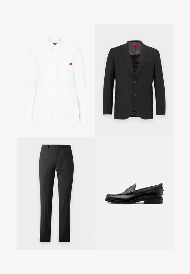 Veste de costume noire avec un revers cranté, deux boutons et deux poches avant. La doublure intérieure est sombre avec une texture lisse. Logo HUGO visible à l'intérieur.; Chemise blanche à manches longues en coton, avec un col boutonné, une poche poitrine et un petit badge logo rouge sur la poitrine.; Pantalons gris foncé sur mesure avec une texture lisse, coupe slim, devant plat et taille standard. Présente des plis marqués et sans motifs visibles.; Mocassin homme en cuir noir avec couture moc toe, bride penny, col texturé et petit talon empilé sur fond blanc.