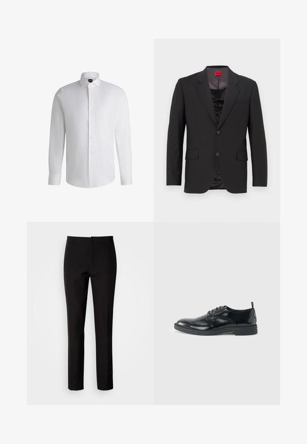 Chaqueta de traje negra con solapas con muesca, dos botones y dos bolsillos frontales. El forro interior es oscuro y tiene una textura suave. Logo de HUGO visible en el interior.; Camisa blanca de manga larga hecha de algodón suave, con un cuello clásico, botonera completa y puños abotonados. Diseño minimalista.; Pantalones negros de tela lisa, con diseño de pierna recta, cierre frontal con botón y discretos bolsillos laterales. Aspecto sencillo y entallado.; Zapato de vestir negro de cuero brillante con tacón bajo, cierre de cordones y puntera redonda, mostrado de lado sobre un fondo claro y liso.