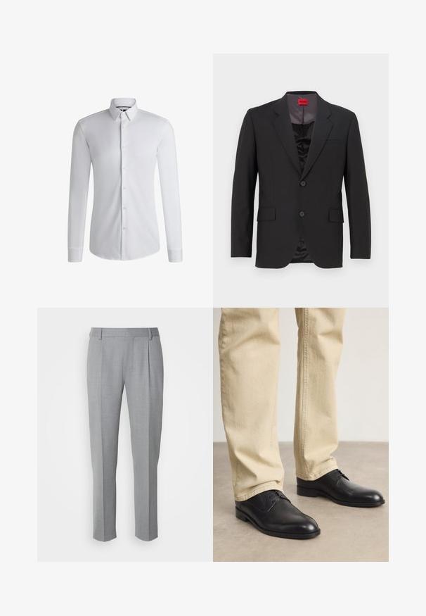 Chaqueta de traje negra con solapas con muesca, dos botones y dos bolsillos frontales. El forro interior es oscuro y tiene una textura suave. Logo de HUGO visible en el interior.; Camisa blanca de manga larga hecha de tejido suave, con un cuello abotonado y una fila de botones en la parte delantera. Diseño simple.; Pantalones grises a medida con una textura suave, que cuentan con un frente plano, piernas rectas y pliegues sutiles para un detalle adicional.; Zapatos de cuero negro con cordones, puntera redondeada, acabado suave y sutiles detalles de costura, combinados con pantalones de color beige claro.