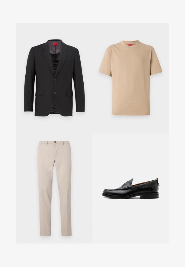 Schwarze Sakko mit Reverskragen, zwei Knöpfen und zwei vorderen Taschen. Futter ist dunkel und hat eine glatte Textur. HUGO Logo ist innen sichtbar.; Beige Baumwoll-T-Shirt mit kurzen Ärmeln, Rundhalsausschnitt und dezentem "HUGO"-Logo in der Mitte. Angenehme Textur, legerer Schnitt.; Beige Slim-Fit-Hose mit Gürtelschlaufen, Knopfverschluss und vorderlichem Reißverschluss, flach auf weißem Hintergrund dargestellt.; Schwarzer Leder-Herrenschuh mit Mokassinnaht, Penny-Riemen, strukturiertem Kragen und niedrigem gestapeltem Absatz auf weißem Hintergrund.