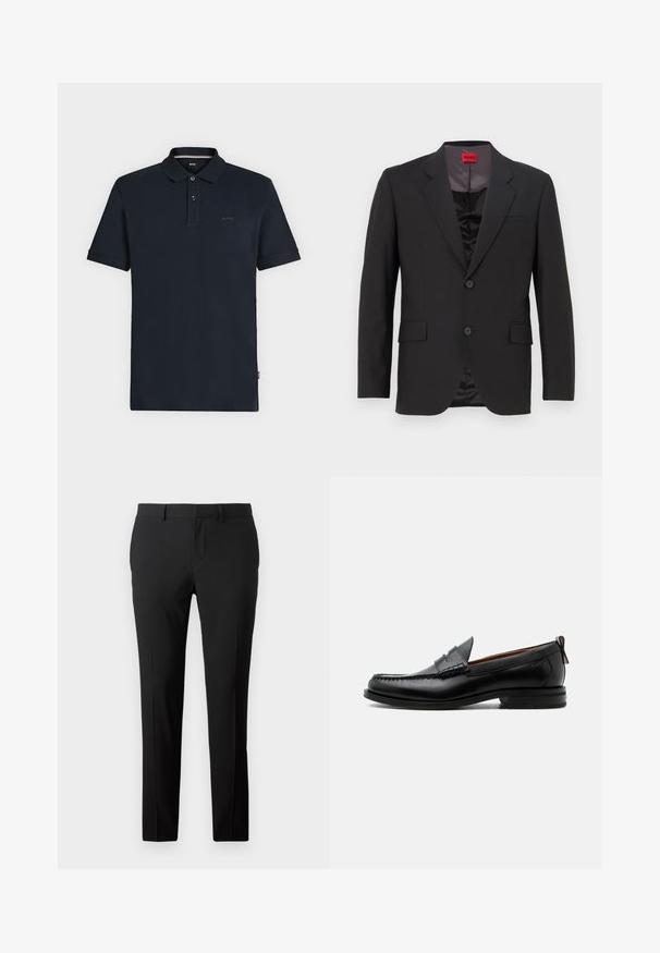 Schwarze Sakko mit Reverskragen, zwei Knöpfen und zwei vorderen Taschen. Futter ist dunkel und hat eine glatte Textur. HUGO Logo ist innen sichtbar.; Schwarzes Poloshirt mit kurzen Ärmeln, zwei vorderen Knöpfen und kleinem "BOSS"-Logo auf der Brust, dargestellt vor einem hellen einfarbigen Hintergrund.; Maßgeschneiderte schwarze Hose aus glattem Stoff. Sie verfügt über ein gerades Bein, Vorderfalten und Gürtelschlaufen für eine anpassbare Größe.; Schwarzer Leder-Herrenschuh mit Mokassinnaht, Penny-Riemen, strukturiertem Kragen und niedrigem gestapeltem Absatz auf weißem Hintergrund.