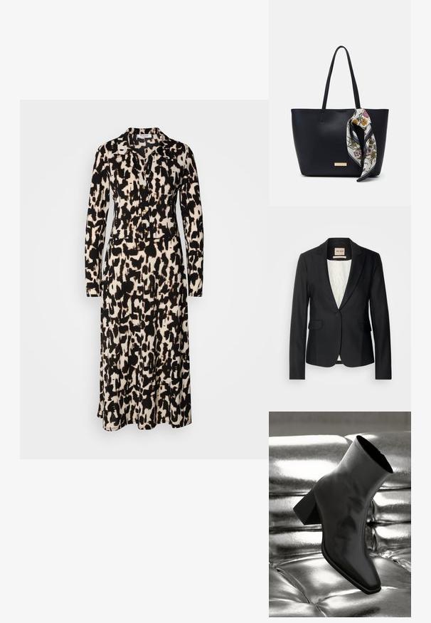 Blazer noir avec une coupe ajustée, fermeture à un bouton et deux poches avant. Doublé d'une intérieur à motif pour un détail supplémentaire.; Robe à manches longues avec un motif abstrait noir et beige. Dotée d'un col et de boutons sur le devant, fabriquée en tissu léger.; Botte noire à la cheville en matériau brillant avec un bout carré et un talon effilé, sur un fond argenté brillant et capitonné.; Sac fourre-tout en cuir noir avec deux poignées, orné d'une écharpe en soie florale attachée à la poignée et d'un accent logo métallique à l'avant.
