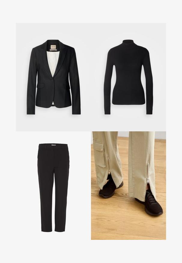 Sort blazer med en skræddersyet pasform, enkelt knaplukning og to forlommer. Foret med et mønstret indre for ekstra detaljer.; Sort turtleneck sweater lavet af let strikket stof. Har lange ærmer, et tætsiddende design og en blød ribbet tekstur.; Sorte bukser med lige ben, taljebånd, bæltestropper og skjult forlukning foran, vist på hvid baggrund.; Beige brede bukser med lynlåse ved anklerne, parret med sorte træningssko med en tekstureret overdel og polstret sål.