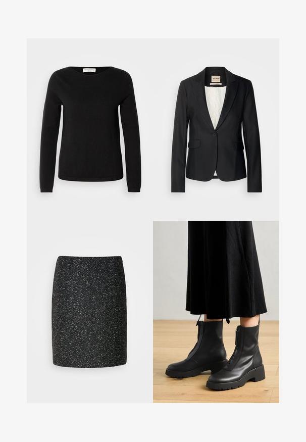 Čierny blazer s prispôsobeným strihom, s jedným gombíkom a dvoma prednými vreckami. Podšitý vzorovaným interiérom pre dodatočný detail.; Marc O'Polo LONGSLEEVE ROUND NECK - Svetrík - black; Čierna tweedová mini sukňa s vzorom rybej kosti, štruktúrovaným tvarom a textúrovanou látkou. Spodný okraj je rovný a precízne dokončený.; Čierne kožené členkové topánky s masívnou platformou a predným zipsom. Hladká textúra s minimalistickým dizajnom.
