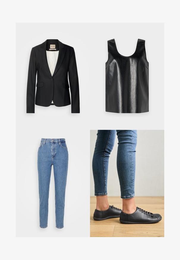 Sort blazer med en skræddersyet pasform, enkelt knaplukning og to forlommer. Foret med et mønstret indre for ekstra detaljer.; Sort ærmeløs top lavet af skinnende, struktureret materiale med rund halsudskæring og sidelommer, med et minimalistisk design.; Blå højtaljede lige jeans med frontknap og lynlås, bæltestropper og lommer, præsenteret på en ensfarvet hvid baggrund.; Sorte lædersko med rund tå, lav profil og snørebåndsdesign. Kombineret med blå, tætsiddende jeans og en baggrund af trægulv.