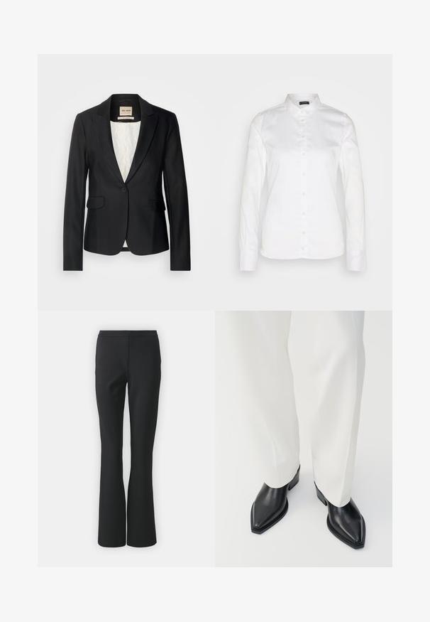 Schwarze Blazer mit taillierter Passform, einer einzigen Knopfverschlus und zwei Fronttaschen. Futter mit einem gemusterten Innenleben für zusätzliche Details.; Weißes Hemd mit Knopfleiste, lange Ärmel, klassischer Kragen, glattes Baumwollgewebe, mit einer Reihe von Knöpfen, taillierte Passform und geknöpfte Ärmel.; Schwarze Schlaghosen aus glattem Stoff; verfügen über eine flache Vorderseite ohne Taschen und eine taillierte Passform, die zum Saum hin schmaler wird.; Schwarze spitz zulaufende Stiefeletten aus glattem Leder mit flachen Blockabsätzen, kombiniert mit weißen, weiten Hosen. Schlichtes und modernes Design.