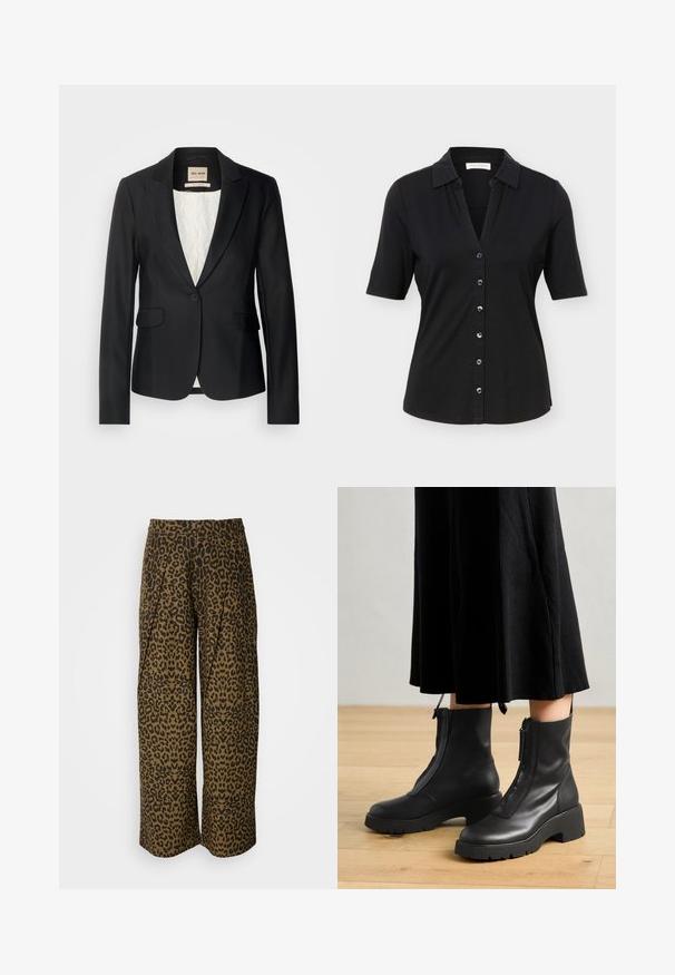 Schwarze Blazer mit taillierter Passform, einer einzigen Knopfverschlus und zwei Fronttaschen. Futter mit einem gemusterten Innenleben für zusätzliche Details.; Schwarzes, kurzärmeliges Hemd mit Knöpfen, Kragen, sechs Knöpfen vorne und einer leicht taillierten Silhouette.; Weite Hosen in einem braun-schwarzen Leopardenmuster. Mit hohem Bund und gefaltetem Design. Weicher Stoff mit glatter Textur.; Schwarze Lederstiefeletten mit einer dicken Plattformsohle und einem Reißverschluss vorne. Glatte Textur mit einem minimalistischen Design.