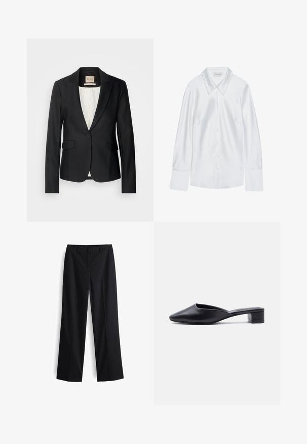 Zwarte blazer met een getailleerde pasvorm, enkele knoopsluiting en twee voorzakken. Voering met een patroon voor extra detail.; Witte lange mouwen overhemd met een klassieke kraag, voorzien van een knoopsluiting aan de voorkant en een zachte textuur, gemaakt van lichtgewicht stof met een subtiele glans.; Zwarte wijde broek met een gladde stof, een platte voorkant, riemlussen en zijzakken, ontworpen voor een relaxte pasvorm.; Zwarte leren instap-muil met puntige neus en lage blokhak, zijaanzicht op een effen achtergrond.