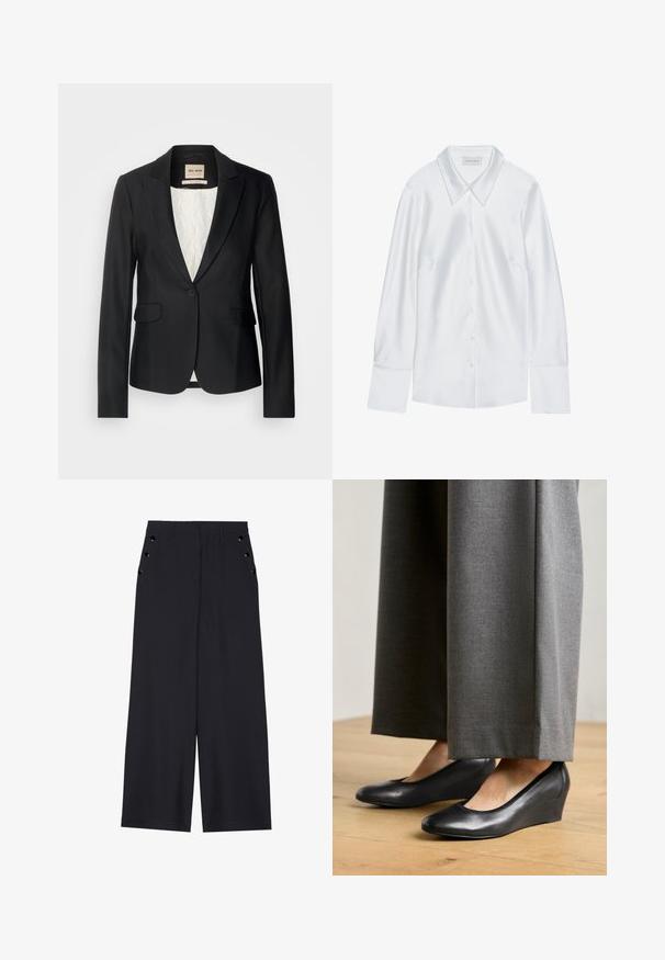 Blazer noir avec une coupe ajustée, fermeture à un bouton et deux poches avant. Doublé d'une intérieur à motif pour un détail supplémentaire.; Chemise blanche à manches longues avec un col classique, dotée d'une fermeture à boutons sur le devant et d'une texture lisse, fabriquée en tissu léger avec un éclat subtil.; Pantalons ample en tissu bleu marine foncé, avec une texture lisse, des plis avant et des œillets décoratifs en ton doré sur les poches latérales.; Chaussures compensées en cuir noir avec un bout arrondi et une texture lisse, associées à un pantalon large gris, posées sur un sol en bois.