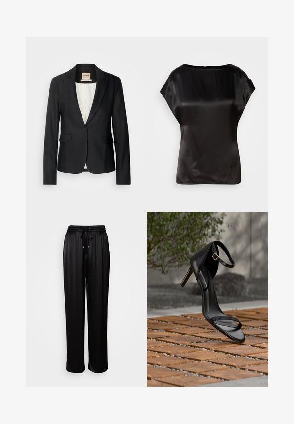 Zwarte blazer met een getailleerde pasvorm, enkele knoopsluiting en twee voorzakken. Voering met een patroon voor extra detail.; Zwarte satijnen top met een boot neckline, kapmouwen en een subtiele glans. Voorzien van een verborgen ritssluiting op de rug. Gladde textuur.; Zwarte, losse broek met een elastische tailleband en trekkoord, weergegeven tegen een effen witte achtergrond.; Zwarte hoge hak sandaal met enkelbandje zweeft boven een houten tegelvloer buiten, met een onscherpe groene en stenen achtergrond.