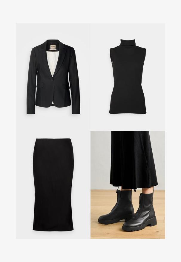 Blazer negro con corte entallado, cierre de un solo botón y dos bolsillos frontales. Forrado con un interior estampado para añadir detalles.; Top negro sin mangas de cuello alto hecho de tela acanalada, con un cuello alto y una silueta ajustada. Textura suave con un diseño mínimo.; Falda midi negra ajustada con una textura suave, detalle de abertura lateral y una cinturilla clásica. Diseñada para una silueta elegante.; Botas de tobillo de cuero negro con suela de plataforma gruesa y cremallera delantera. Textura suave con un diseño minimalista.