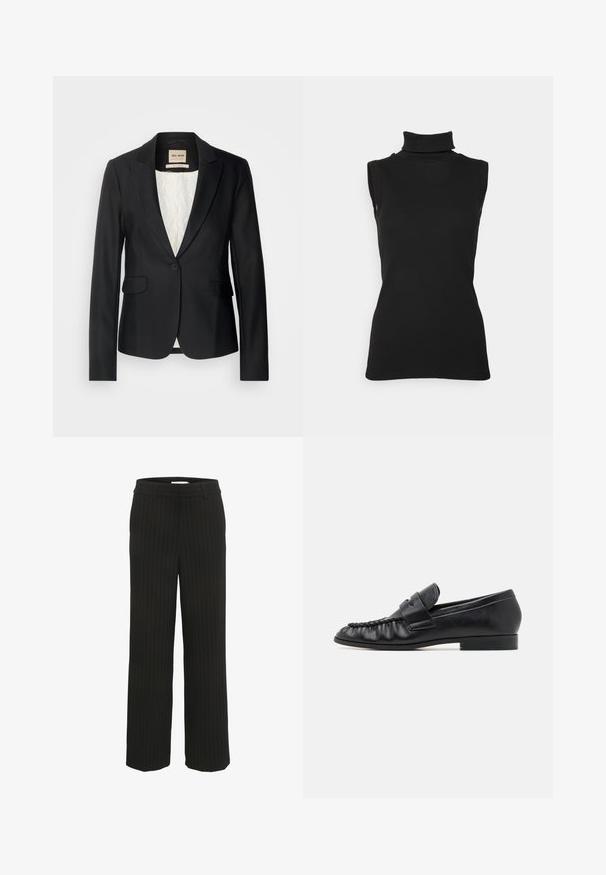 Zwarte blazer met een getailleerde pasvorm, enkele knoopsluiting en twee voorzakken. Voering met een patroon voor extra detail.; Zwarte mouwloze turtleneck top van ribstof, met een hoge hals en een getailleerde pasvorm. Gladde textuur met minimale details.; Zwarte pantalon met streepdessin en een rechte tailleband met riemlussen, gemaakt van geweven stof, met verticale strepen in een contrasterende kleur.; Zwarte leren instappers met een gladde textuur, voorzien van een decoratieve band en geplooide details bij de neus, en een lage, platte hak.