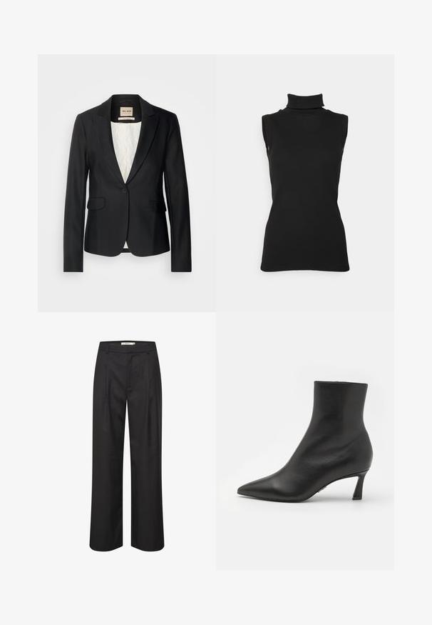 Blazer negro con corte entallado, cierre de un solo botón y dos bolsillos frontales. Forrado con un interior estampado para añadir detalles.; Top negro sin mangas de cuello alto hecho de tela acanalada, con un cuello alto y una silueta ajustada. Textura suave con un diseño mínimo.; Pantalones de pierna ancha negros con una textura suave, delantero con plisados, lazos para cinturón y un diseño ajustado. El material ofrece una apariencia pulida.; Steve Madden LULAH - Botines bajos - black