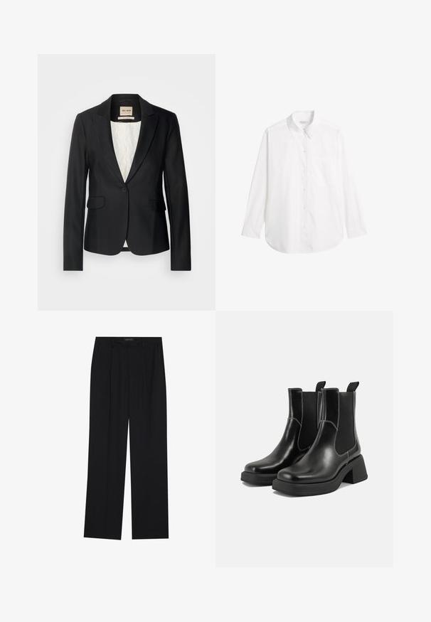 Zwarte blazer met een getailleerde pasvorm, enkele knoopsluiting en twee voorzakken. Voering met een patroon voor extra detail.; Witte button-up shirt gemaakt van katoen. Heeft een klassieke kraag, lange mouwen en een zak aan de linkerkant. Glad oppervlak, geen patronen.; Zwarte broeken met een rechte pijpontwerp, voorzien van twee voorkanten zakken en een tailleband. Gemaakt van een gladde, lichte stof.; Zwarte leren Chelsea-boots met een chunky hak, elastische zijpanelen en contrasterende witte stiksels. Gestructureerde afwerking.