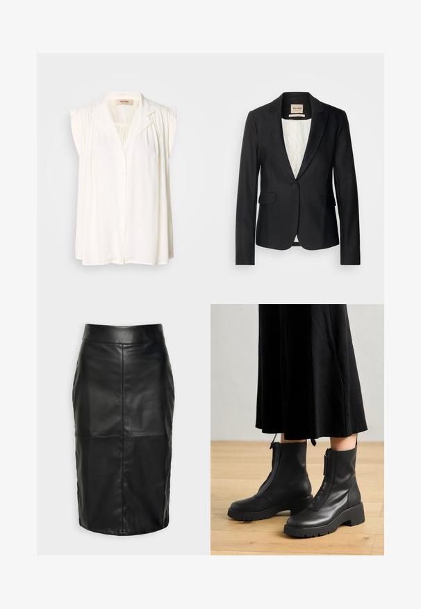 Blazer noir avec une coupe ajustée, fermeture à un bouton et deux poches avant. Doublé d'une intérieur à motif pour un détail supplémentaire.; Blouse sans manches blanche avec col, fermeture à boutons sur le devant et détails plissés aux épaules. Texture douce et design fluide.; Jupe en cuir noir avec une texture lisse, présentant une taille haute et des coutures piquées qui créent une silhouette structurée et discrète.; Bottines en cuir noir avec une semelle plateforme épaisse et une fermeture éclair à l'avant. Texture lisse avec un design minimaliste.