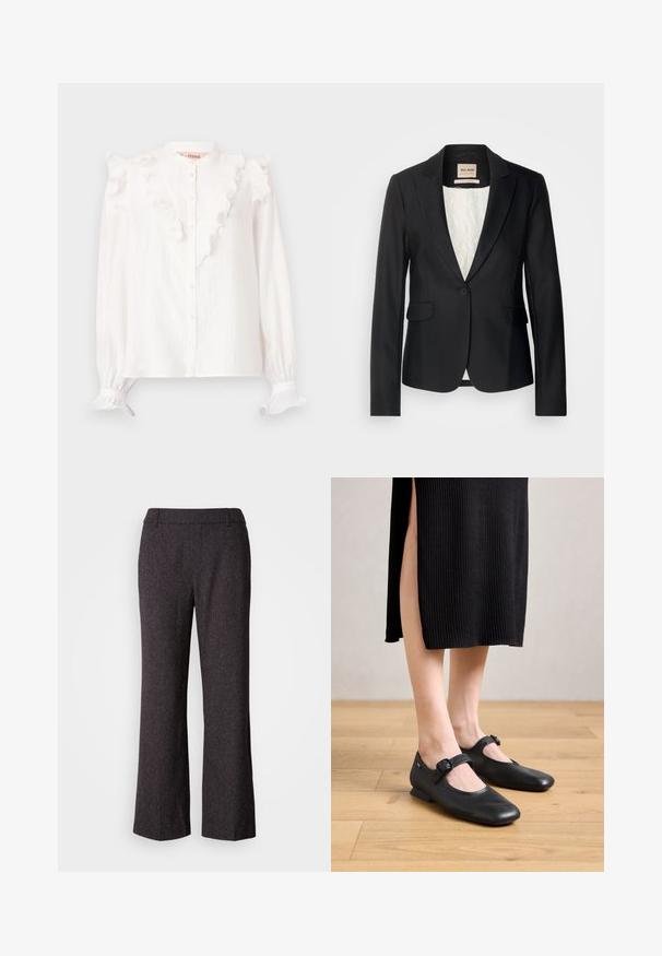 Čierny blazer s prispôsobeným strihom, s jedným gombíkom a dvoma prednými vreckami. Podšitý vzorovaným interiérom pre dodatočný detail.; Biela blúzka vyrobená z ľahkej látky, s volánovým predným dielom a manžetami, so zapínaním na gombíky a dlhými rukávmi.; Mos Mosh SVALA - Nohavice - black; Čierne kožené Mary Jane baleríny s malým opätkom, so zaoblenou špičkou a bočným sponovým detailom. Textúrovaný dizajn zvyšuje vizuálnu atraktivitu.