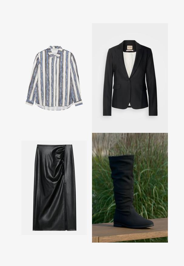 Zwarte blazer met een getailleerde pasvorm, enkele knoopsluiting en twee voorzakken. Voering met een patroon voor extra detail.; Overhemd met knopen en verticale strepen in tinten blauw, zwart en wit. Gemaakt van gladde stof met een klassieke kraag en knoopsluiting.; Zwarte leren rok met een soepele textuur, voorzien van een geplooid gedeelte aan één kant en een zijspleet voor extra detail.; Zwarte kniehoge laars van zachte stof, met een nonchalant ontwerp, een puntige neus en een platte zool, afgebeeld tegen een grasachtige achtergrond.