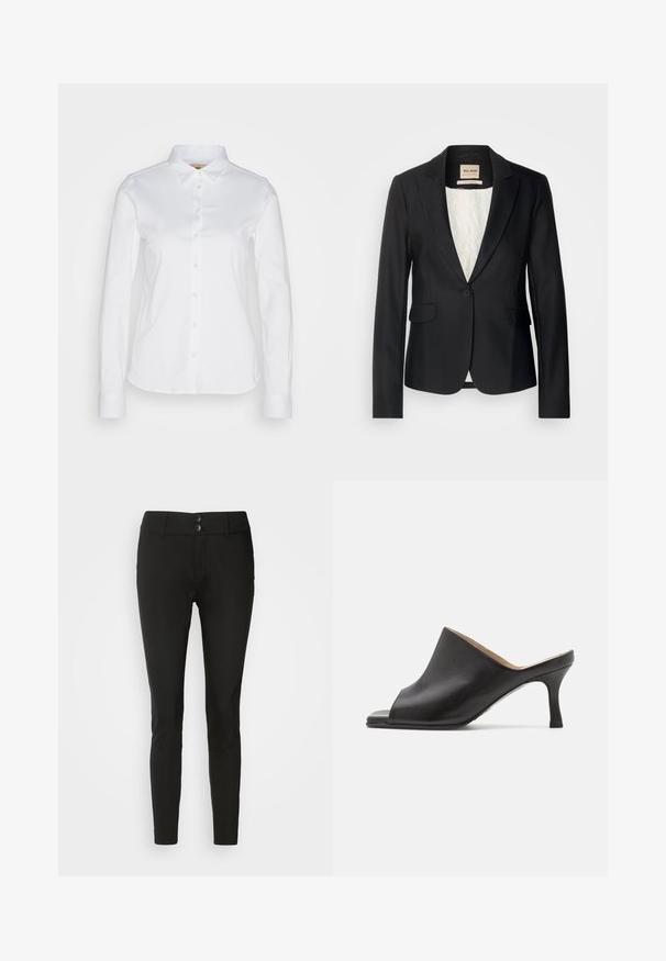 Zwarte blazer met een getailleerde pasvorm, enkele knoopsluiting en twee voorzakken. Voering met een patroon voor extra detail.; Witte langwerpige blouse met knopen en een brede kraag, gemaakt van een gladde katoenstof met een afgeronde zoom. De stof heeft een lichte glans.; Zwarte slim-fit broek van gladde stof, met twee knopen aan de voorkant en een klassieke tailleband. Geen zichtbare patronen of versieringen.; Selected ASHLEY - Muiltjes met hak - black