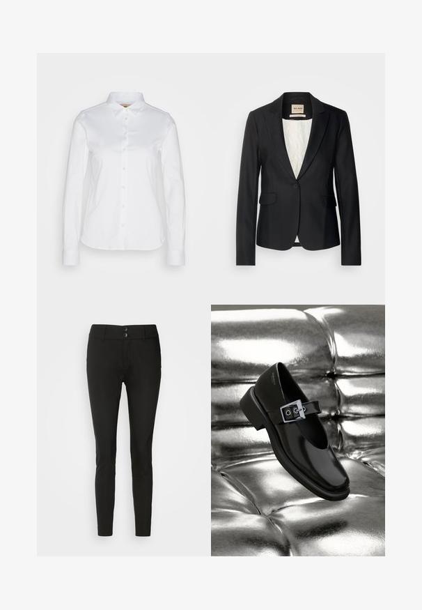 Čierny blazer s prispôsobeným strihom, s jedným gombíkom a dvoma prednými vreckami. Podšitý vzorovaným interiérom pre dodatočný detail.; Biela košeľa s dlhým rukávom a knoflíkovým zapínaním so šírym golierom, vyrobená z hladkej bavlnenej látky a zaobleným lemom. Látka má jemný lesk.; Čierne slim-fit nohavice vyrobené z hladkého materiálu, s dvoma prednými gombíkmi a klasickým pásom. Žiadne viditeľné vzory ani ozdoby.; Čierne kožené topánky Mary Jane so štvorcovou špičkou, so striebornou prackou a masívnym nízkym opätkom, umiestnené na lesklom striebornom pozadí.