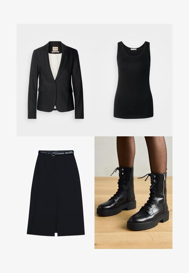 Zwarte blazer met een getailleerde pasvorm, enkele knoopsluiting en twee voorzakken. Voering met een patroon voor extra detail.; Zwarte mouwloze tanktop, gemaakt van gladde stof, heeft een klassieke ronde halslijn en een getailleerd ontwerp. Geen patronen of accenten.; Zwarte knie-lange rok met een vooraanstaande split, gemaakt van gladde stof. Heeft een dunne zwarte riem met een zilveren gesp en riemlussen.; Zwarte leren veterschoenen met chunky zolen, zijrits en metalen oogjes. Gladde afwerking met variërende textuur op de schacht.