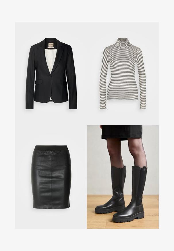 Blazer noir avec une coupe ajustée, fermeture à un bouton et deux poches avant. Doublé d'une intérieur à motif pour un détail supplémentaire.; Anna Field T-shirt à manches longues - beige/black; Jupe crayon noire en cuir lisse, dotée d'une taille élastique pour une silhouette ajustée et un design minimaliste.; Bottes noires jusqu'au genou avec un extérieur en cuir lisse, des panneaux latéraux en élasthanne et une semelle en caoutchouc épaisse avec un motif de semelle texturé.