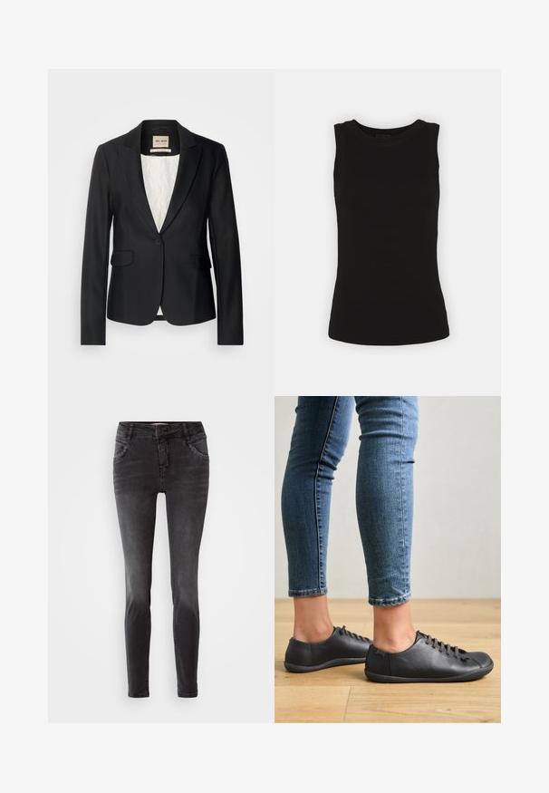 Schwarze Blazer mit taillierter Passform, einer einzigen Knopfverschlus und zwei Fronttaschen. Futter mit einem gemusterten Innenleben für zusätzliche Details.; Schwarzes ärmelloses Tanktop aus geripptem Baumwollstoff, mit runder Halslinie und körperbetontem Schnitt.; Schwarze Slim-Fit-Jeans aus Denim, mit einem frontalen Knopfverschluss, Nietenverzierungen an den Taschen und einer glatten Textur.; Schwarze Lederschuhe mit runder Zehenform, niedrigem Profil und schnürbarem Design. Kombiniert mit blauen, enganliegenden Jeans und einem Holzboden im Hintergrund.