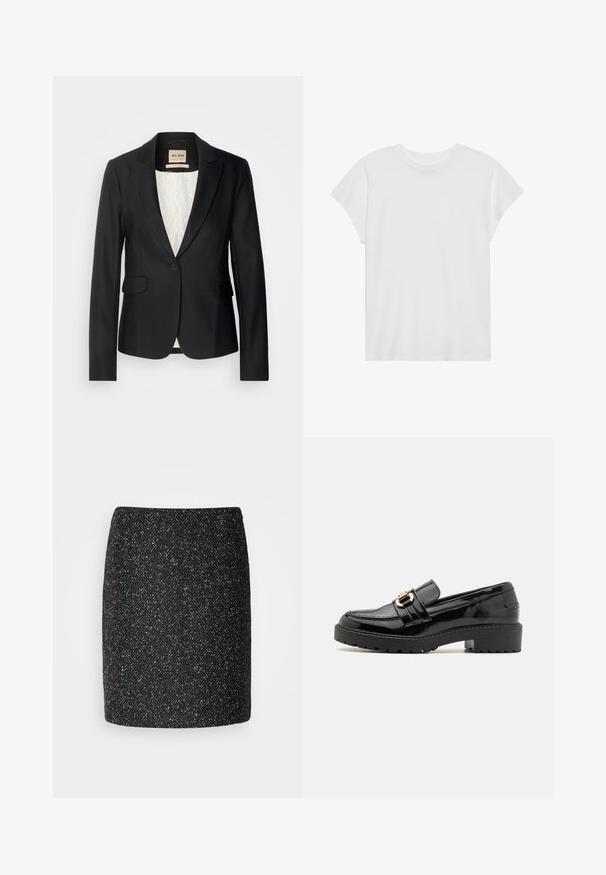 Sort blazer med en skræddersyet pasform, enkelt knaplukning og to forlommer. Foret med et mønstret indre for ekstra detaljer.; Hvid kortærmet t-shirt med rund hals, afslappet pasform, lavet af blødt bomuldsstof. Glat tekstur, ingen mønstre eller logoer.; Sort tweed mini nederdel med et fiskebensmønster, struktureret form og tekstureret stof. Nederdelens kant er lige og pænt afsluttet.; Sorte lakerede loafers med en lav blokhæl, der har en fremtrædende gullignende spænde og en struktureret, rillede sål.