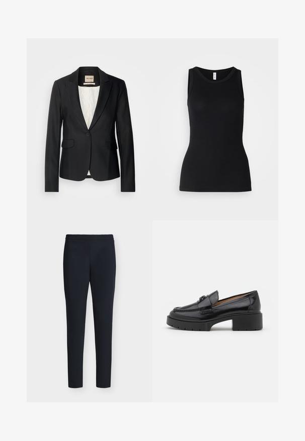 Schwarze Blazer mit taillierter Passform, einer einzigen Knopfverschlus und zwei Fronttaschen. Futter mit einem gemusterten Innenleben für zusätzliche Details.; Schwarzes ärmelloses Tanktop aus geripptem Stoff, mit rundem Ausschnitt und figurbetontem Design, glatter Textur und ohne Muster.; Schwarz, eng geschnittene, knöchellange Hose mit angenähtem Bund und ohne sichtbare Taschen, auf schlichtem hellem Hintergrund dargestellt.; Schwarze Lederloafer mit niedrigem Blockabsatz, runder Zehenform, dekorativem Riemen und strukturiertem Steppdetail im Obermaterial. Glatte Oberfläche.