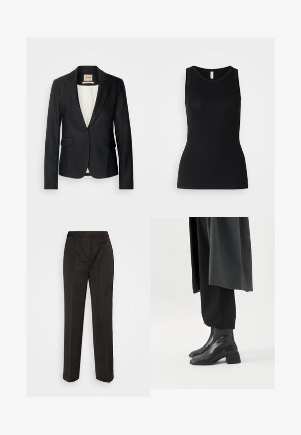 Čierny blazer s prispôsobeným strihom, s jedným gombíkom a dvoma prednými vreckami. Podšitý vzorovaným interiérom pre dodatočný detail.; Čierny bezrukávový top z rebrovanej tkaniny, s okrúhlym výstrihom a priliehavým strihom, s hladkou textúrou a bez vzorov.; Čierne upravené nohavice z hladkej tkaniny, s rovnými nohavicami, vrúbkovaným predným dielom a štandardným pásom s pútkami na opasok.; Čierne kožené členkové čižmy s nízkymi blokovými podpätkami nosené s čiernymi nohavicami a tmavosivým dlhým kabátom.