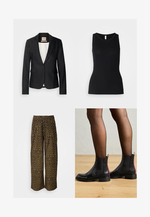 Sort blazer med en skræddersyet pasform, enkelt knaplukning og to forlommer. Foret med et mønstret indre for ekstra detaljer.; Sort ærmeløs tanktop lavet af ribbet stof, med rund halsudskæring og tætsiddende design, med en glat overflade og uden mønstre.; Bredde bukser i et brun- og sort leopardprint. Har en høj talje og plisseret design. Blødt stof med en glat tekstur.; Billi Bi Støvletter - black combination/red